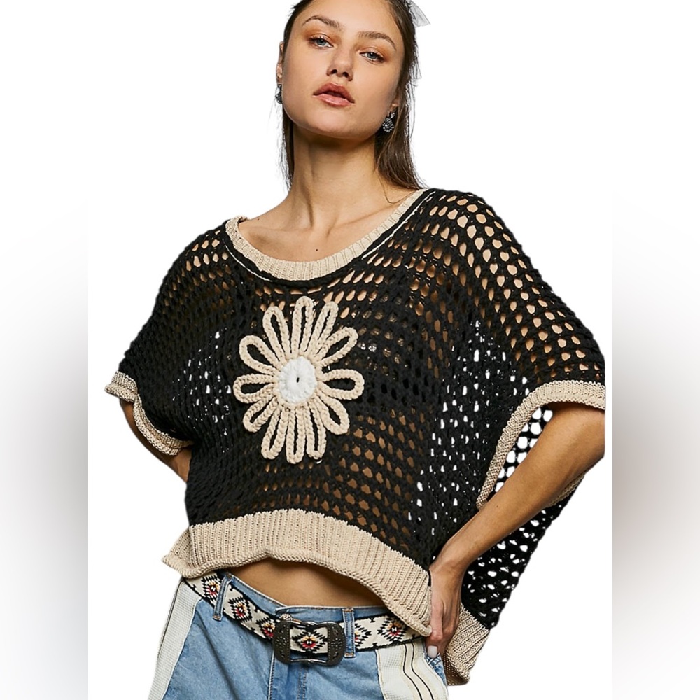 POL 🌼 Black Cotton Blend crochet Short Sleeve Floral Top